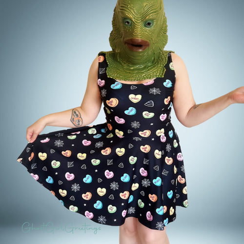 Skater style Dress with hearts and spiderwebs. Inspired by candy hearts. The hearts say 