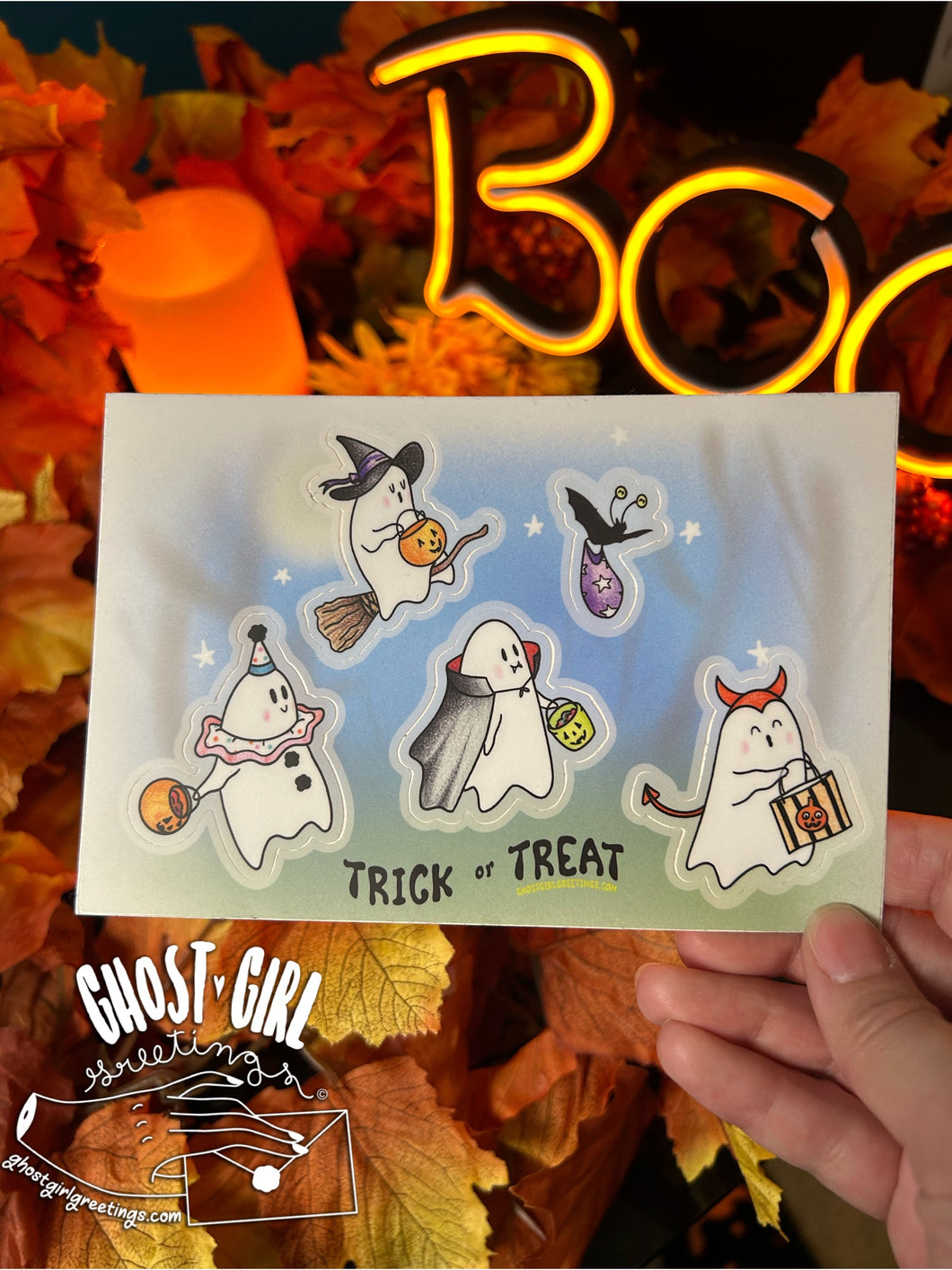 Sticker sheet with 5 stickers trick or treating ghosts