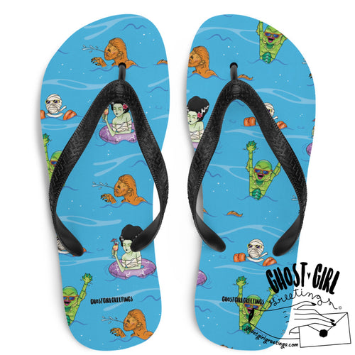 Unisex flip flops in a blue color representing waves, includes monsters having a swim party. Summerween style flip flop 