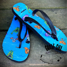 Load image into Gallery viewer, close up of flip flops featuring a monster pool party.
