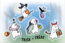 Load image into Gallery viewer, Sticker Sheet featuring 4 trick or treating ghosts and a trick or treating bat. 
