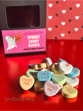 Load image into Gallery viewer, Vegan Valentine candy hearts that read &quot;oh sheet&quot;, &quot;ghost him&quot; &quot;LTRLY Dead&quot;, &quot;2spooky&quot; and an image of a ghost holding a heart 