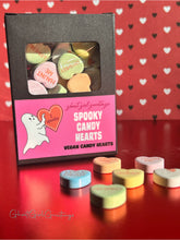 Load image into Gallery viewer, Vegan Valentine candy hearts that read &quot;oh sheet&quot;, &quot;ghost him&quot; &quot;LTRLY Dead&quot;, &quot;2spooky&quot; and an image of a ghost holding a heart 