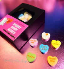 Load image into Gallery viewer, Vegan Valentine candy hearts that read &quot;oh sheet&quot;, &quot;ghost him&quot; &quot;LTRLY Dead&quot;, &quot;2spooky&quot; and an image of a ghost holding a heart 