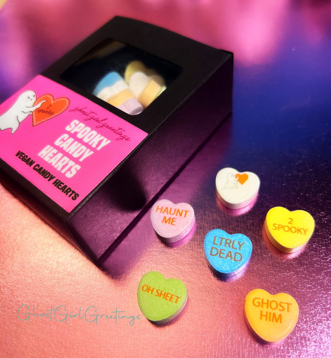 Vegan Valentine candy hearts that read 