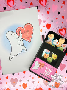 various vegan candy hearts with spooky sayings 